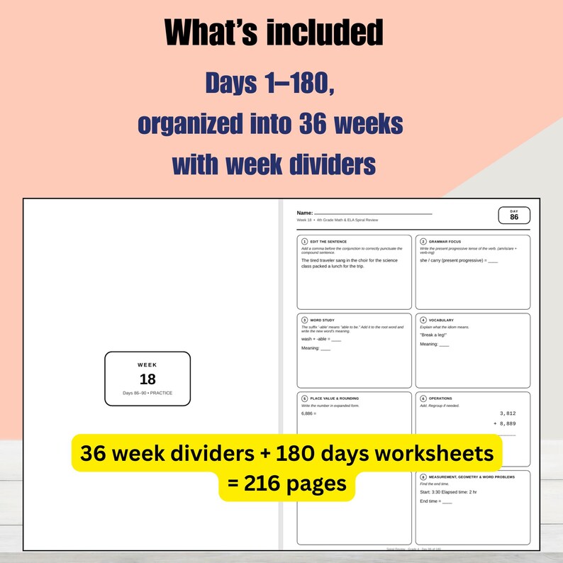 4th Grade Math & ELA Spiral Review Workbook + Answer Key, 180 Days (PDF ...