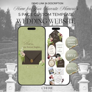 Wedding Website | Luxury Wedding Invitation Digital |Chocolate Vintage & Pistachio Canva Template with Countdown Timer, RSVP and Music