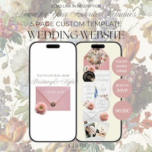 May include: Two smartphone screens displaying a 5-page custom wedding website template. The screens show text including "Home for Your Favorite Memories," "You've Got Mail From Britney & Kyle," and "Kindly Open" with pink envelopes, floral graphics, and RSVP details.