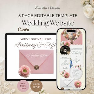 May include: A 5-page editable wedding website template for Canva displayed on a tablet and smartphone. The design features pink envelopes, floral accents, and text including "You've got mail from Britney & Kyle," "Kindly open," and "RSVP."