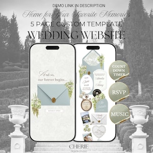 Wedding Website | Luxury Wedding Invitation Digital | Interactive Dusty Blue Old Money Canva Template with Countdown Timer, RSVP & Music