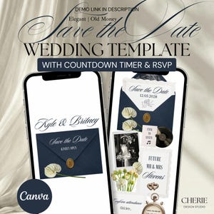 May include: A digital wedding template displayed on two smartphones. The design features navy blue envelopes with gold wax seals, white flowers, and the text "Save the Date." The template includes a countdown timer and RSVP information.