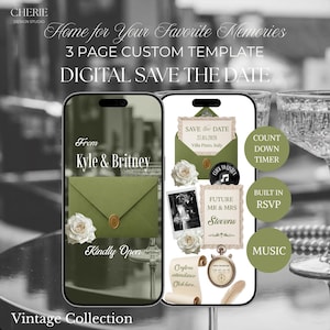 May include: A digital save the date template displayed on two smartphones, featuring a sage green envelope with a wax seal, white roses, a vintage photo, a countdown timer, and text including From Kyle & Britney, Save the Date, and Future Mr & Mrs Stevens.