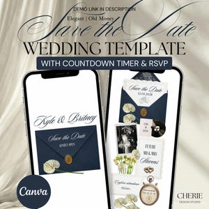 May include: A digital wedding Save the Date template displayed on two smartphones. The design features a navy blue envelope with a gold wax seal, white floral accents, a countdown timer, and RSVP options. Text includes Save the Date, Kyle & Britney, and Future Mr & Mrs Stevens.