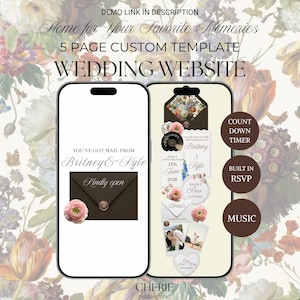 May include: Two smartphones displaying a 5-page custom wedding website template. The screens show text including Home for Your Favourite Memories, Wedding Website, and Britney & Kyle, alongside graphics of envelopes, flowers, and photos with RSVP and timer features.