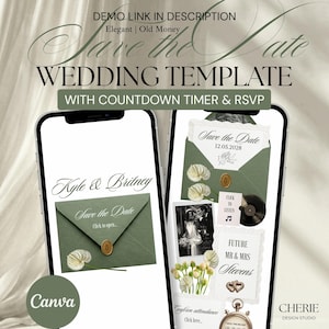 Könnte beinhalten: Hochzeitseinladungsvorlage, dargestellt auf zwei Smartphones. Das Design zeigt einen salbeigrünen Umschlag mit dem Text "Save the Date" und den Namen "Kyle & Britney". Enthält einen Countdown-Timer, RSVP und das Canva-Logo.