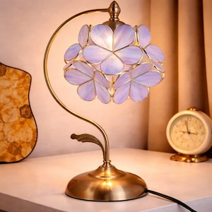 Stained Glass Flower Table Lamp Brass Base Tiffany Style Bedside Light