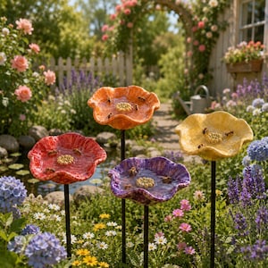Op de afbeelding: Vier bloemvormige vogelbaden in een tuin. De baden zijn rood, oranje, geel en paars, elk met een centraal ontwerp en bijen. Ze zijn gemonteerd op zwarte metalen palen, omringd door bloemen en groen.