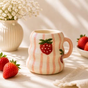 May include: A ceramic mug with a whimsical design. The mug features a cream base with vertical pink stripes and hand-painted strawberries. The handle and interior are also pink. The mug is next to fresh strawberries and a vase of white flowers.