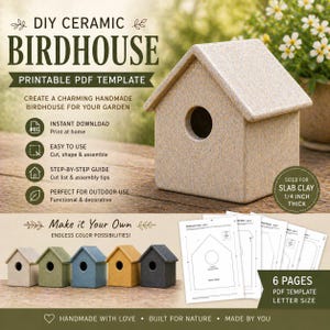May include: A DIY ceramic birdhouse with a printable PDF template. The birdhouse is beige and has a circular opening. The image includes a variety of colourful birdhouses and printable templates. The text reads "Make it Your Own" and "Endless Colour Possibilities!"