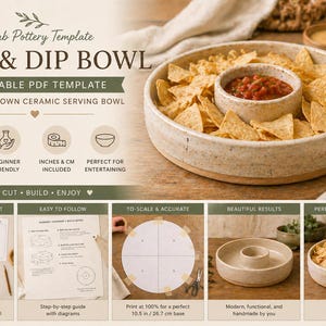 Può includere: Una ciotola in ceramica per patatine e salsa, piena di nachos e salsa. La ciotola ha una sezione centrale per la salsa e un anello esterno più ampio per le patatine. L'immagine mostra anche un modello PDF stampabile.