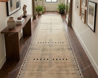 Saffioti Hand-Knotted Beige And Black New Zealand Wool Runner Rug Geometric Carpet Neutral Home Decor Hallway Rug Kitchen All Size Runner