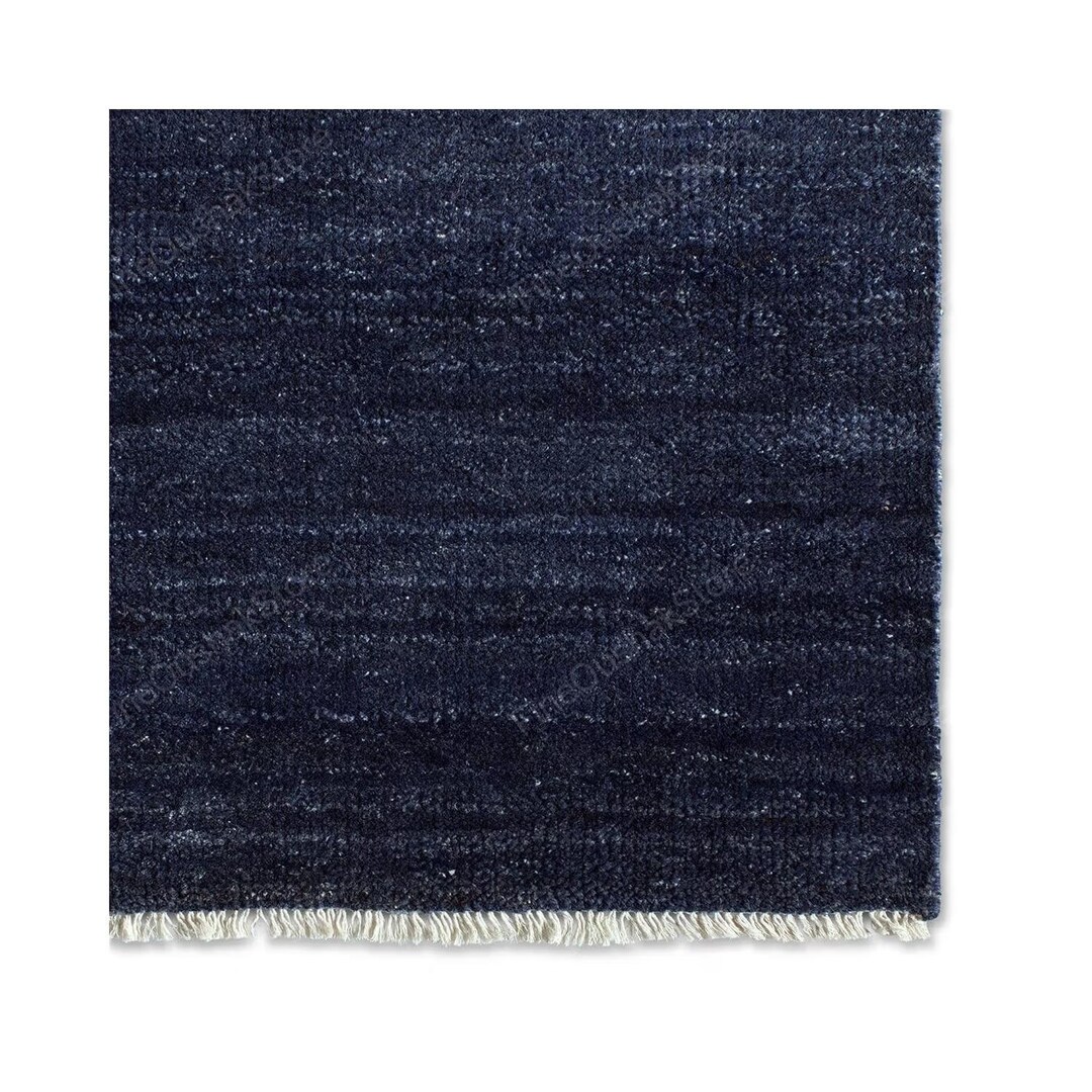Dark Blue Plain Hand Knotted Rug, Solid Wool Area Rug, Modern Handmade ...