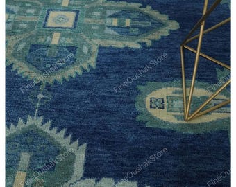 Nevy Blue Floral Rug, Hand Knotted Tribal Wool Carpet, Modern Traditional Area Rug with Floral Border Indigo Blue Wool Living Room Rug