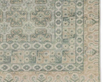 Blue Green Geometric Wool Rug | Handwoven Area Carpet | Modern Easter Home Decor | Handmade Hand knotted carpet Turkish Style Rug