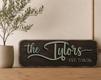 Custom Family Name Wood Sign, Laser-Cut Lettering, Farmhouse Wedding Gift