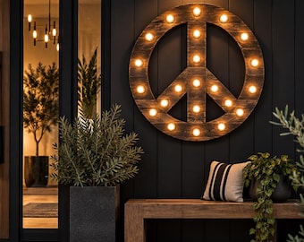 Large Lighted Wood Peace Sign Wall Decor | Boho Hippie Retro 60s 70s Art Decor