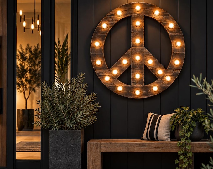 Featured listing image: Large Lighted Wood Peace Sign Wall Decor | Boho Hippie Retro 60s 70s Art Decor