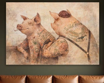 Tattooed Pigs Sepia Canvas Art – Vintage Rustic Animal Wall Mural