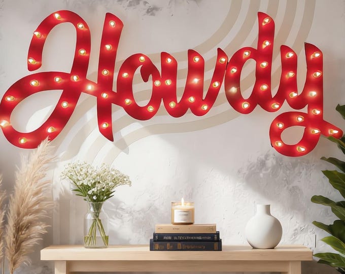 Featured listing image: Custom Lighted Howdy Sign | Western Marquee Wall Decor | Rustic Farmhouse LED Sign | Entryway Welcome | Country Home Decor Cowgirl wall art