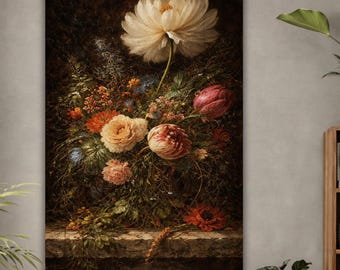 Vintage Dutch Oil Painting Print – Dark Moody Floral Canvas Wall Art