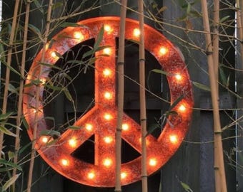 Metal Marquee Peace Sign | Wrapped Steel Light Up Wall Art | Retro Boho Decor