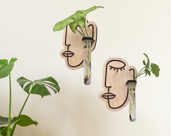 Impressionist Face Wood Wall Art Living Plant Propagation Water Plants; Mid Century, Boho, Customized, Propagation Station, Wall Vase,