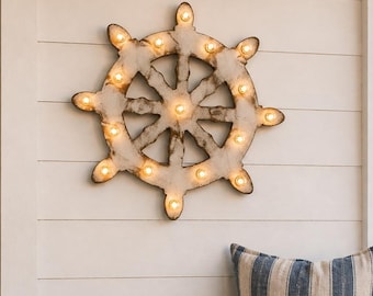 Nautical Ship Wheel Marquee Light | Rustic Wooden Coastal Wall Decor