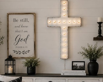 Maple wood cross marquee light | rustic farmhouse religious wall decor, 24" handmade sign