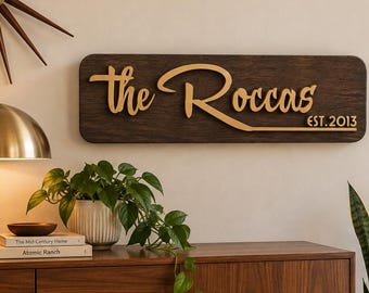 Mid Century Modern Family Name Sign, Personalized Wood Wall Decor (Custom Last Name)