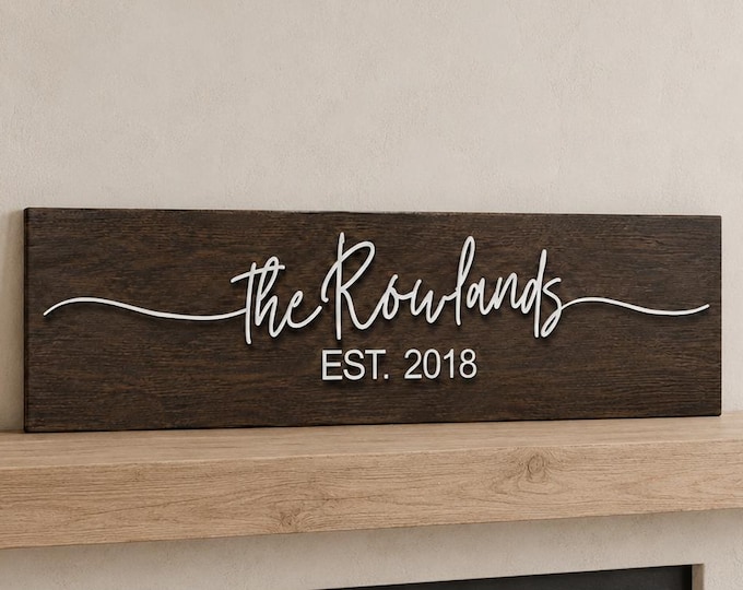 Featured listing image: Custom Family Name Wood Sign, Farmhouse Boho Mic Century Wedding Engagement Gift