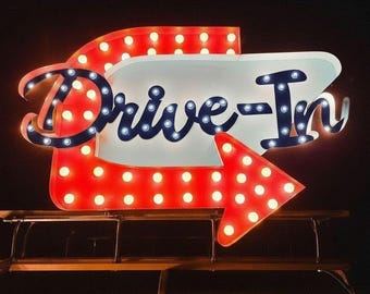 Custom Metal Drive In Marquee Sign with Arrow – Lighted Business Photo Display