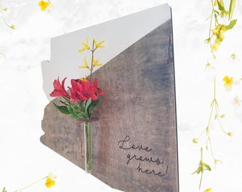 Personalized state wood wall art living plant propagation water plants; mid century, boho, customized, propagation station, wall vase,