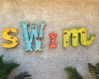 Channel sign 4pc vintage style marquee lighted letters metal steel..........swim love home me&u baby kind wish play hope