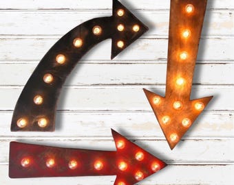 Wood marquee arrow light, rustic distressed vintage directional sign, illuminated wall decor
