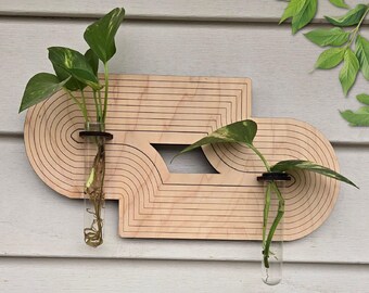 Double swirl mcm wood wall art living plant propagation water plants; mid century, boho, customized, personalized, mid century design vase