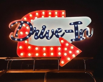 Custom metal drive in marquee sign with arrow – lighted business photo display