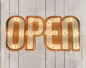 Retro modern lighted open sign / open sign marquee / wood lighted business sign / custom sign / incandescent or led lit sign / open sign