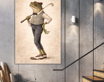 Vintage Style Frog Wall Art Print, Frog Gentleman Canvas, Whimsical Illustration, Unique Eclectic Wall Decor, Man Cave Office Bar Art,