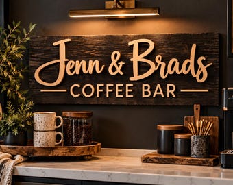Custom Family Name Bar Sign, Personalized Wood Coffee Bar Decor (3D Raised Letters)