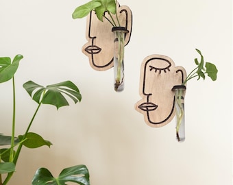 Impressionist face wood wall art living plant propagation water plants; mid century modern, boho, customized, propagation station, wall vase
