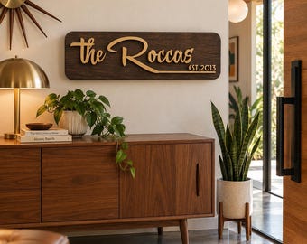 Mid century modern family name sign, personalized wood wall decor (custom last name)