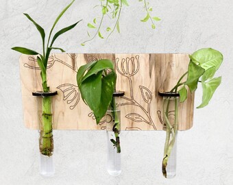 Triple flower wood wall art living plant propagation water plants; mid century, boho, customized, propagation station, wall vase, home decor