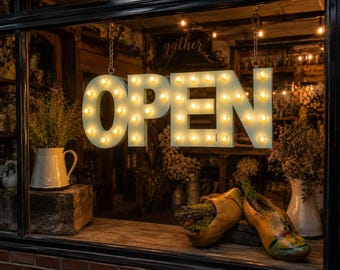 24" Handcrafted Wood OPEN Sign, LED Marquee, Business Block or Script (Optional Back Cover)