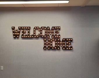 Custom lighted marquee sign: vintage inspired wood business decor