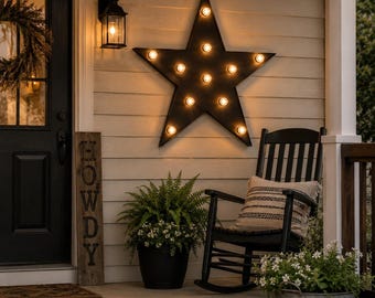 Handcrafted wood star sign, large marquee light, rustic western decor