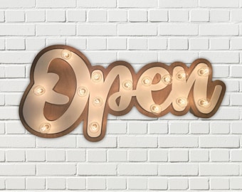 Wood open sign marquee: lighted business sign, custom boutique decor