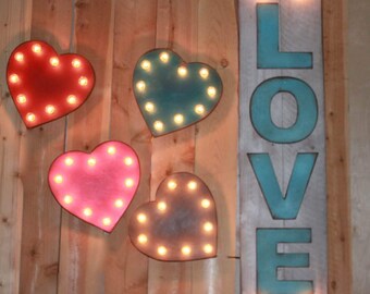 Vintage inspired heart marquee, lighted birch wood sign