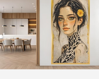 Vintage portrait canvas art, boho wildflower girl illustration, feminine statement artwork