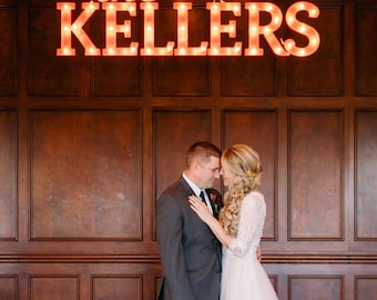 Custom lighted wood marquee name sign, personalized wedding decor business